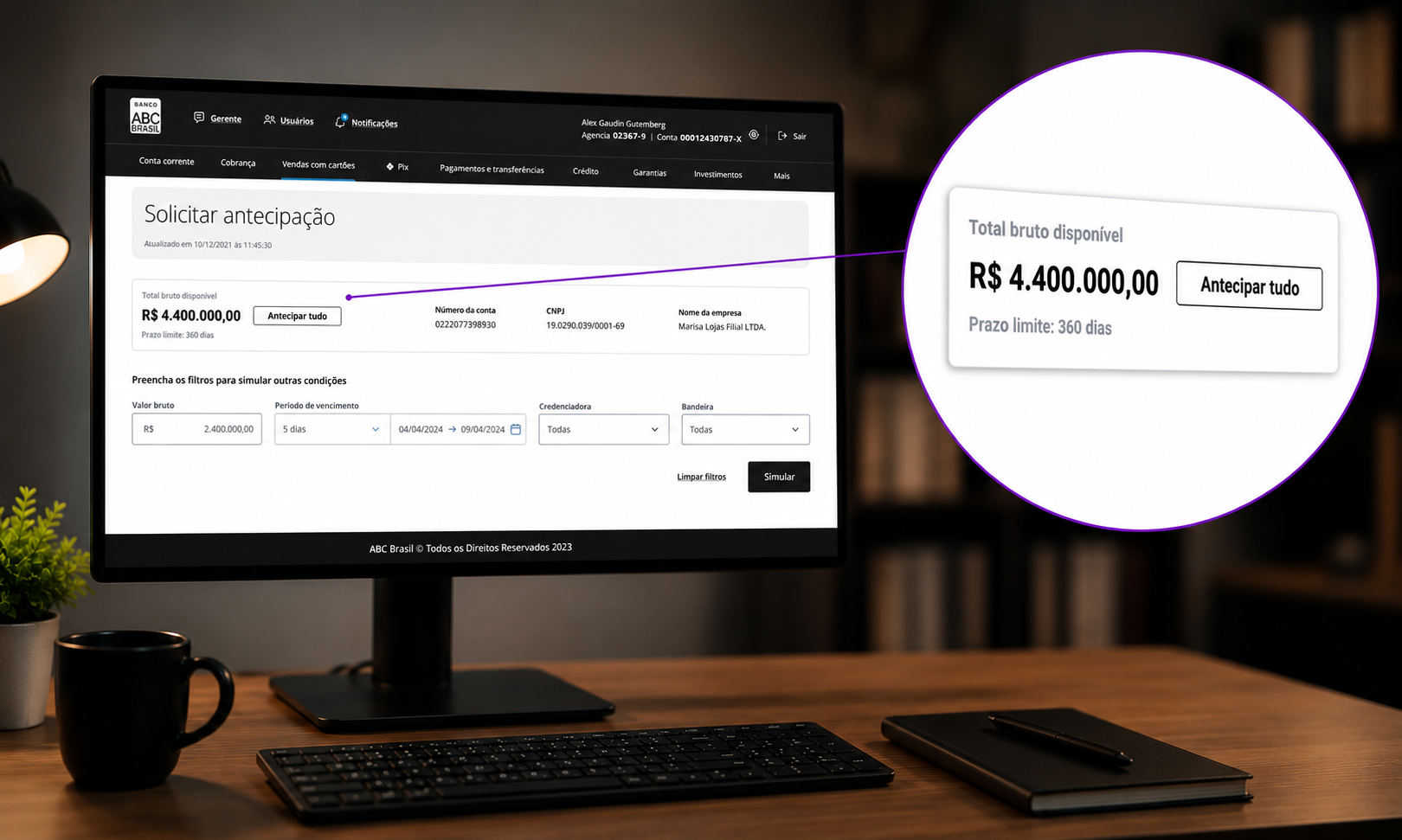 Interface de solicitação de antecipação de recebíveis — tela com botão Antecipar tudo e filtros de simulação
