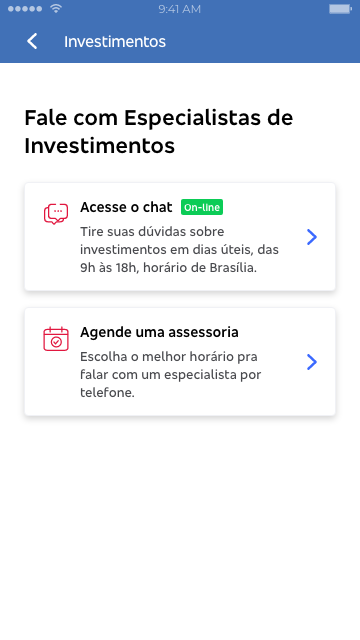Tela de seleção de assunto do chat