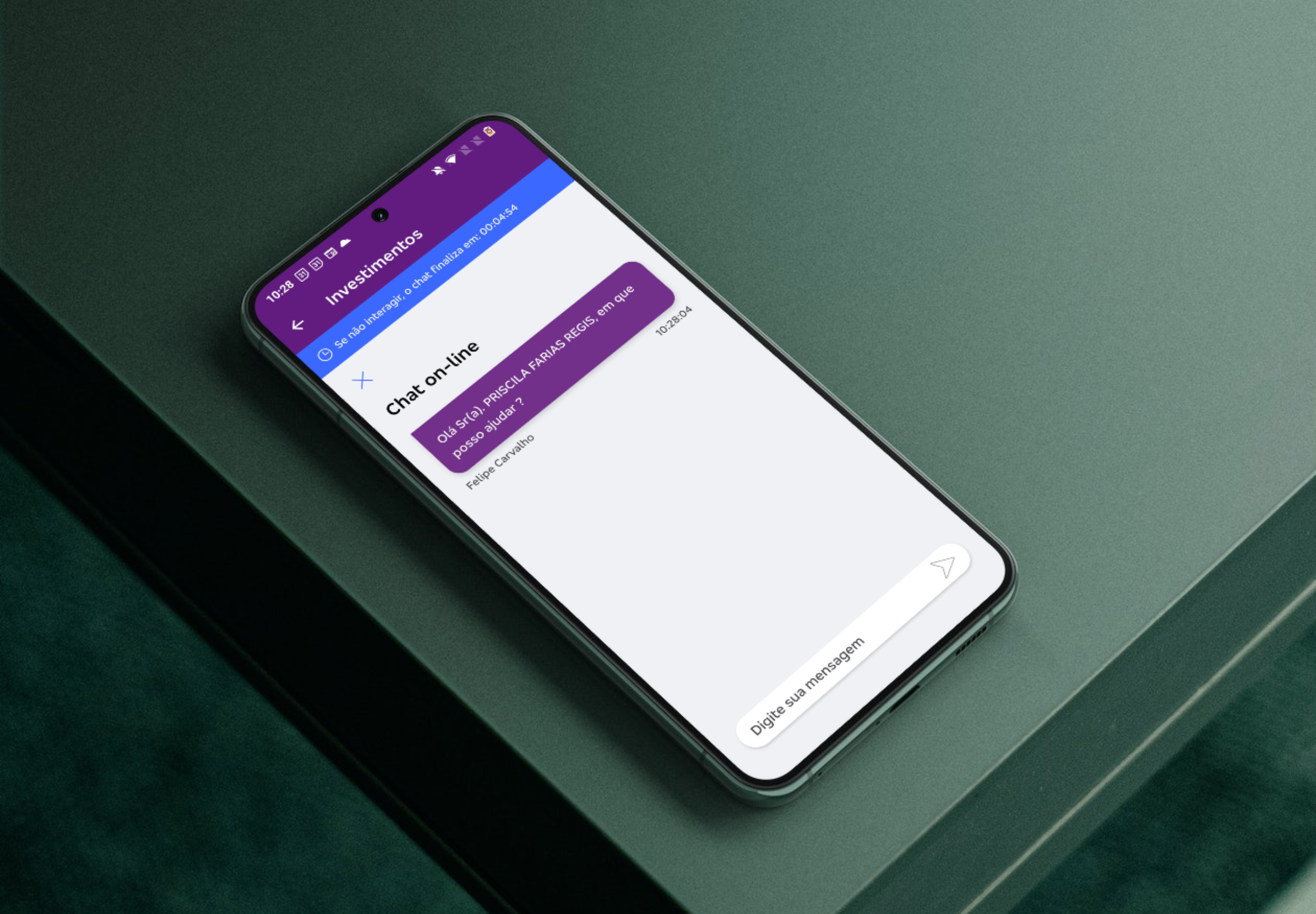 Mockup do chat para investidores no app mobile