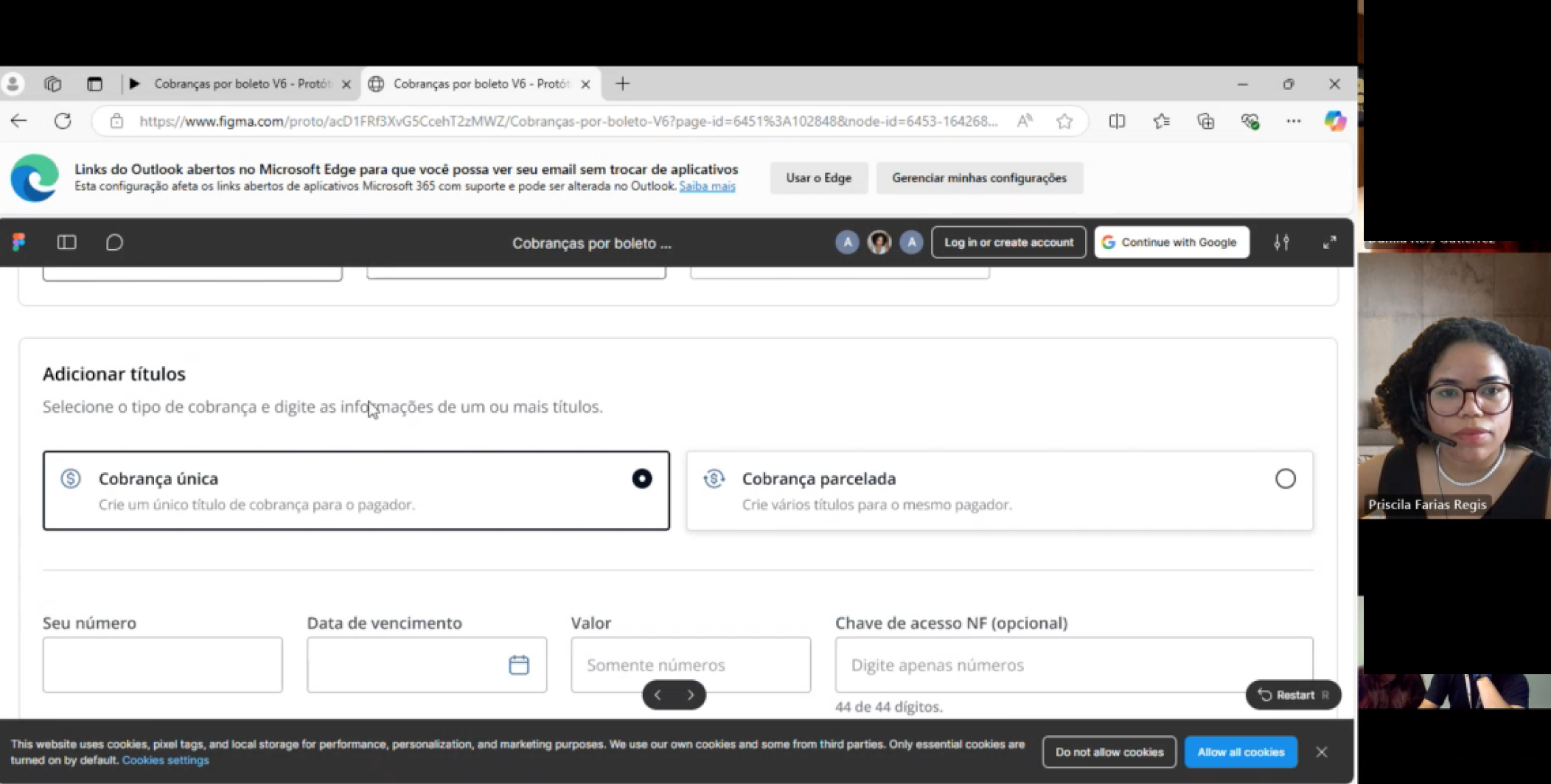 Tela do protótipo — seleção de tipo de cobrança